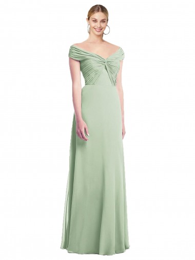 Usine Vert Sauge Trompette Épaule Dénudée Mousseline Longue Robes demoiselle d'honneur