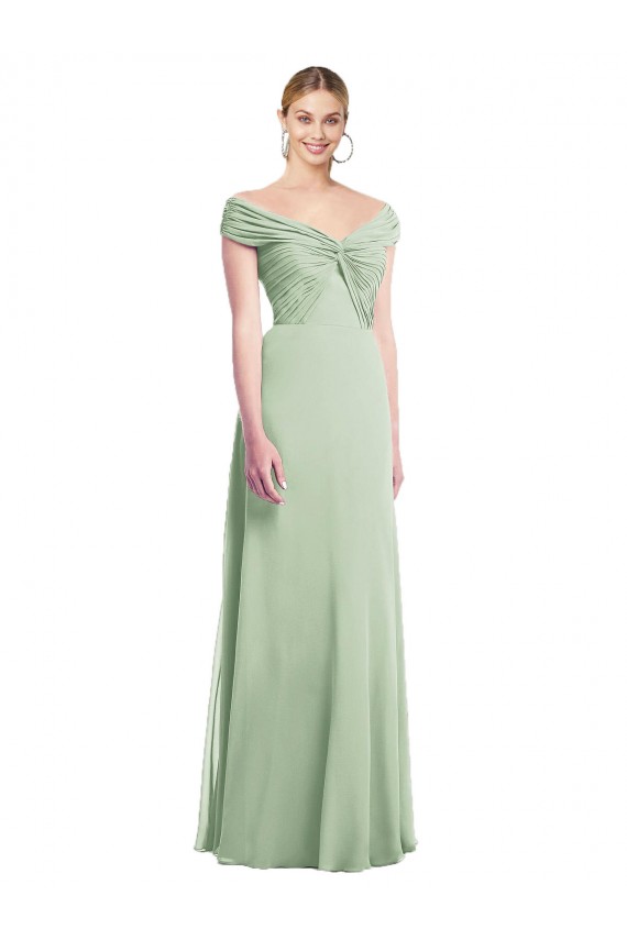 Usine Vert Sauge Trompette Épaule Dénudée Mousseline Longue Robes demoiselle d'honneur