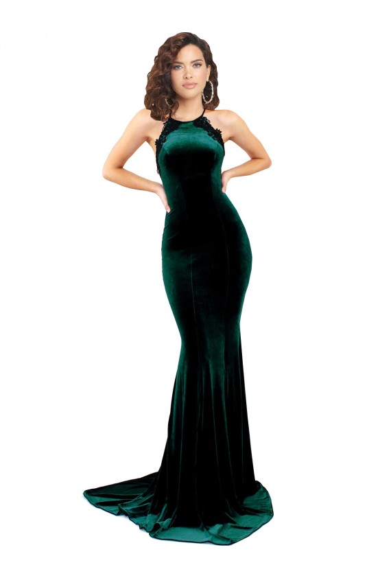 Usine Vert foncé Sirène Col Haut Balayage train Velours Stretch Longue Formelles Robes demoiselle d'honneur / Robes de soirée / Robes de bal