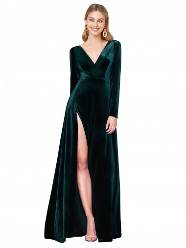 Usine Vert foncé Trapèze Col V Balayage train Velours Stretch Longue Formelles Robes demoiselle d'honneur / Robes de soirée / Robes de bal