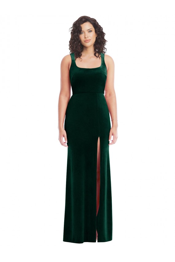 Usine Vert foncé Trompette Col Carré Velours Stretch Longue Robes demoiselle d'honneur / Robes de bal
