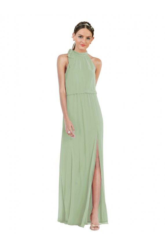 Usine Vert fumée Trapèze Col Haut Mousseline Longue Robes demoiselle d'honneur