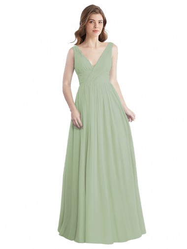 Usine Vert fumée Trapèze Col V Mousseline Longue Robes demoiselle d'honneur