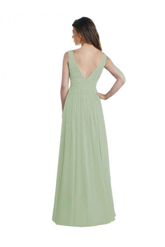 Usine Vert fumée Trapèze Col V Mousseline Longue Robes demoiselle d'honneur