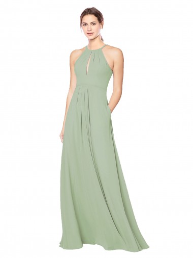 Usine Vert fumée Trapèze Licou Mousseline Longue Robes demoiselle d'honneur