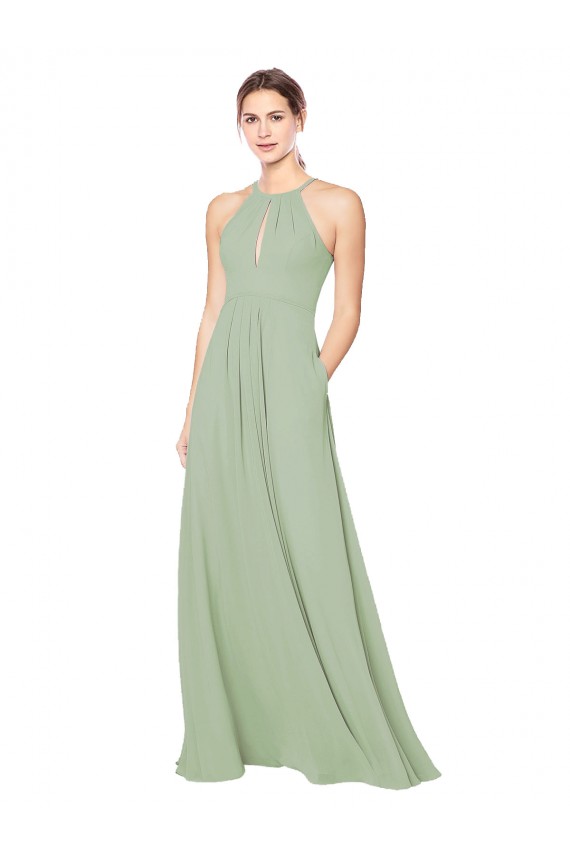 Usine Vert fumée Trapèze Licou Mousseline Longue Robes demoiselle d'honneur