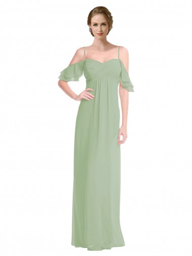 Usine Vert fumée Trapèze Épaule Dénudée Bretelles spaghetti Mousseline Longue Robes demoiselle d'honneur
