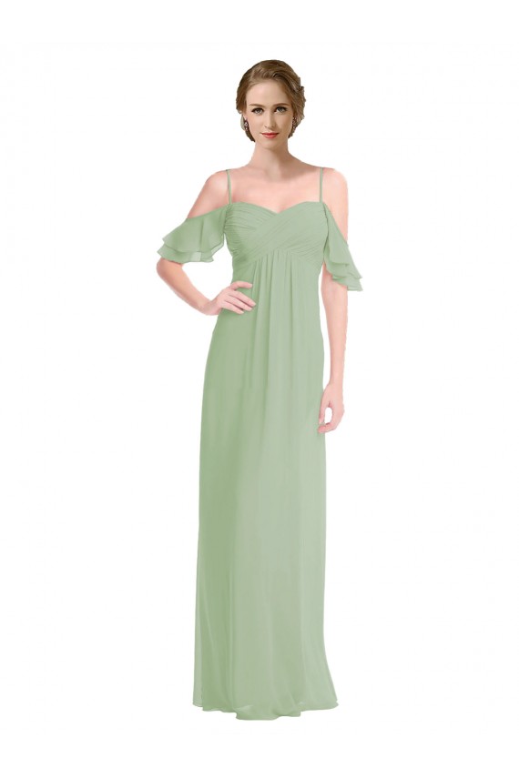 Usine Vert fumée Trapèze Épaule Dénudée Bretelles spaghetti Mousseline Longue Robes demoiselle d'honneur