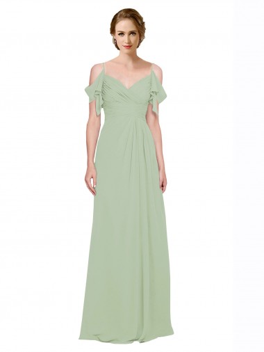 Usine Vert fumée Trapèze Épaule Dénudée Bretelles spaghetti Mousseline Longue Robes demoiselle d'honneur