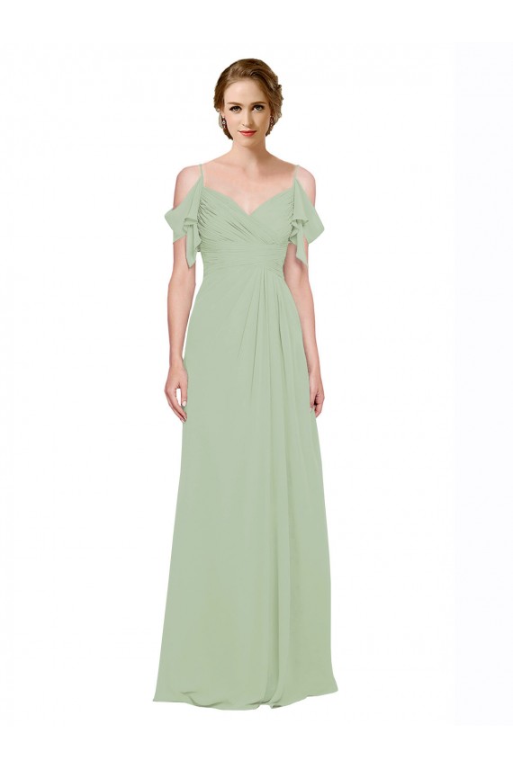 Usine Vert fumée Trapèze Épaule Dénudée Bretelles spaghetti Mousseline Longue Robes demoiselle d'honneur
