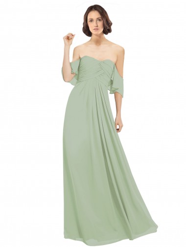 Usine Vert fumée Trapèze Épaule Dénudée Mousseline Longue Robes demoiselle d'honneur