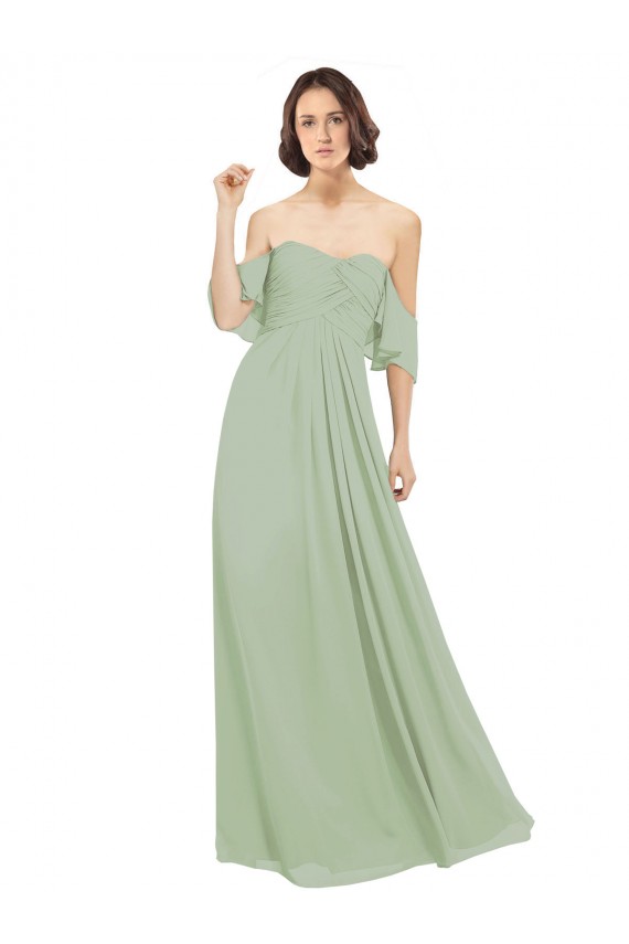 Usine Vert fumée Trapèze Épaule Dénudée Mousseline Longue Robes demoiselle d'honneur