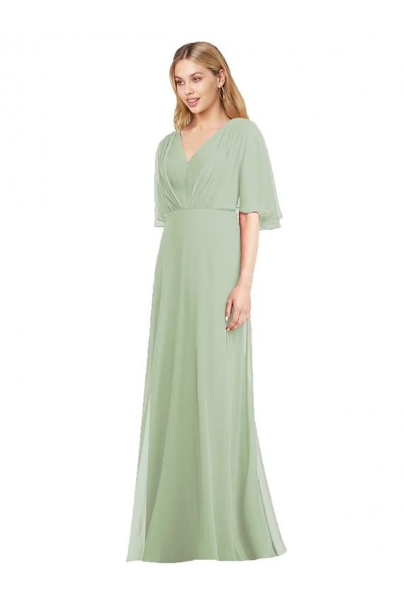 Usine Vert fumée Trompette Col V Mousseline Longue Robes demoiselle d'honneur